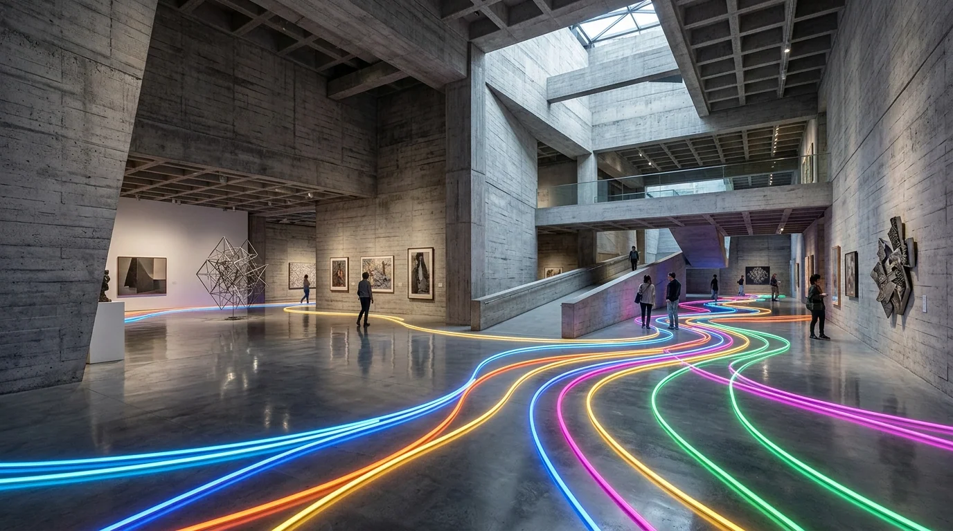 Art Space: a minimalist architectural gallery with high archways and soft lighting.