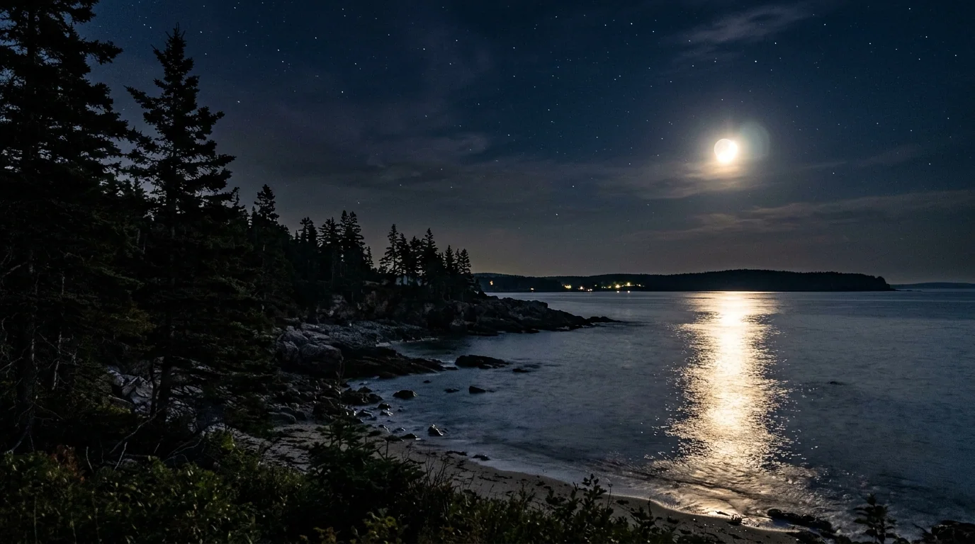 Neverending: a luminous full moon rising over serene dark waters.