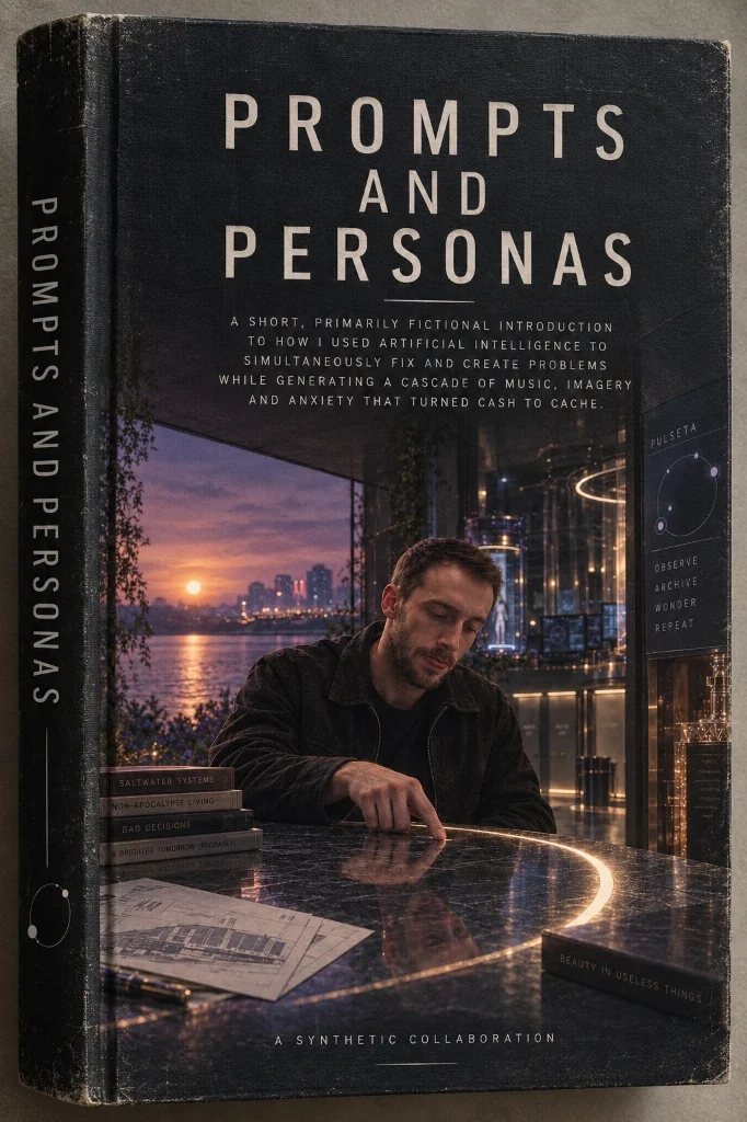 Prompts and Personas book cover: A Synthetic Collaboration, depicting a man at an illuminated table overlooking a sunset cityscape.